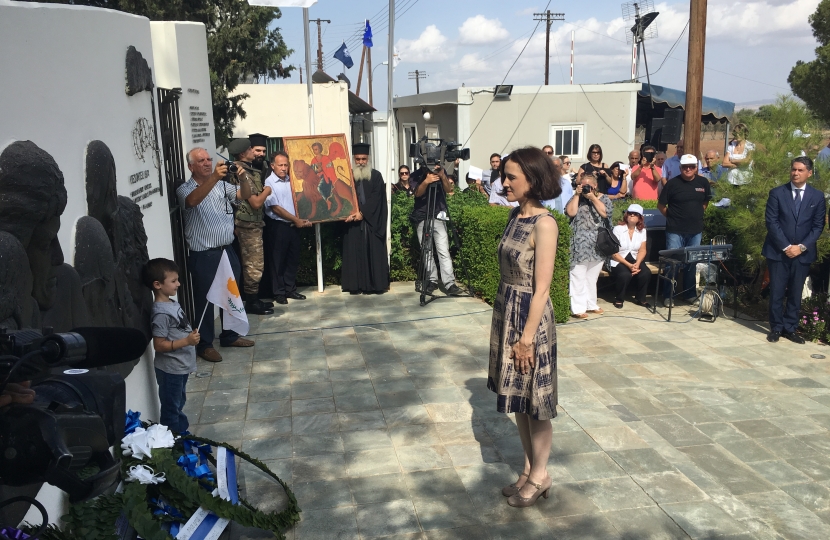 Theresa Villiers lays at wreath at the Morphou Rally