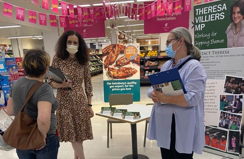 Theresa Villiers MP at takes her mobile surgery to Sainsbury's in New Barnet