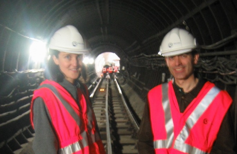 Archive 2005 photo of tube station late night track visit by Theresa Villiers