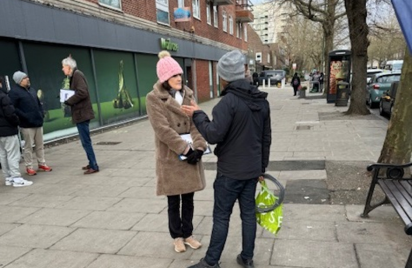 Theresa Villiers collects signatures in Whetstone on her petition against new bus lanes