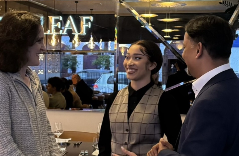 Theresa Villiers meets apprentice working at the Bayleaf restaurant in Whetstone