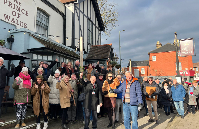 Theresa Villiers attends a protest in support of the Prince of Wales pub in East Barnet Village