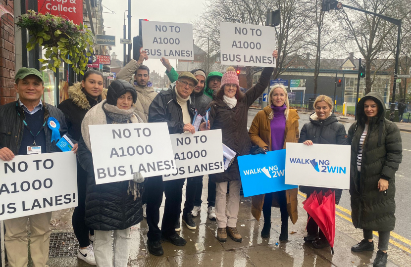 Theresa Villiers launching a petition against unwanted bus lanes in Barnet