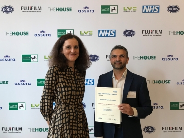 Theresa Villiers MP with Dr Murtaza Khanbai at NHS Parliamentary Awards