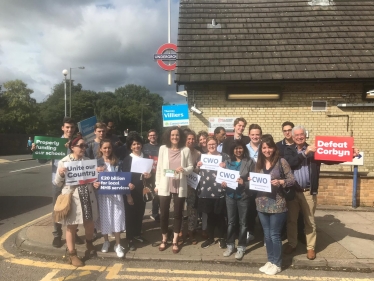 Theresa Villiers campaigning at Totteridge tube station in 2019